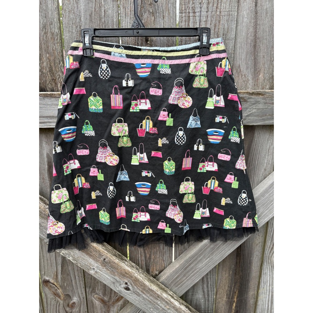 Willi Smith Womens Handbag Print Cotton Mini Skirt Black Multi Tulle Trim Sz 10